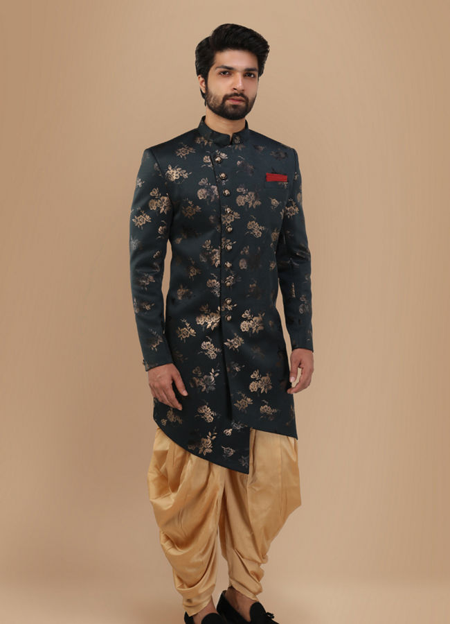 Buy Printed Bottle Green Indo Western Set Online in UAE Manyavar